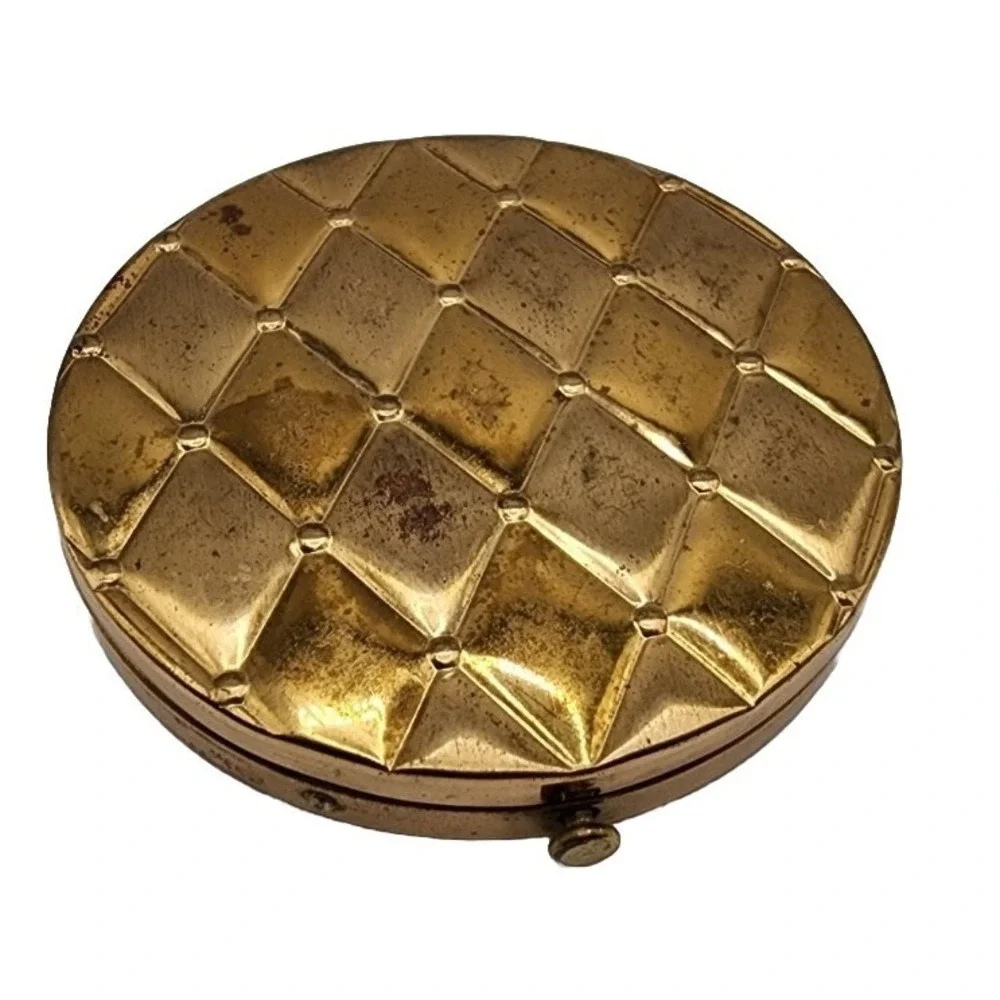 Vintage Compacts By Ritz Gold Tone Quilted Detail Circular Pressed Powder Tin